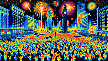 Vibrant New Year's Eve Celebration - Ultra, New Year's Eve mood, celebration, fireworks, cityscape, crowd HD wallpaper