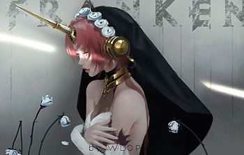 Unicorn lady, white, black, art, frankenstein, hand, pink, lady, anime, fantasy, wlop, flower, unicorn, luminos, manga HD wallpaper