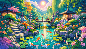 Enchanting Water Garden, water garden, koi, japanese garden, vibrant colors HD wallpaper