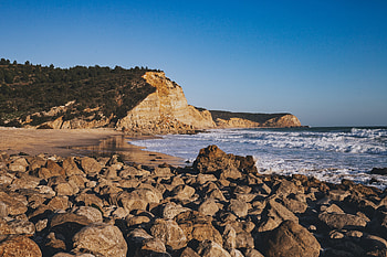 Rocks, beach, sea, nature HD wallpaper