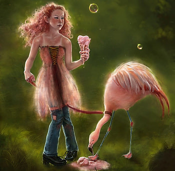 how flamingo keeps his pink, pink, flamingo, abstract, bird, art, icecream, girl HD wallpaper