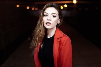 Red jacket, girl model, juicy lips HD wallpaper