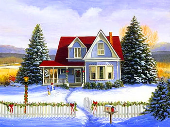 Holiday dress, winter, blue, snow, house, trees, decorations, bows HD wallpaper