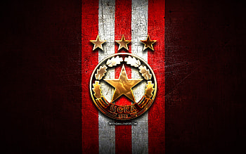 CSKA Sofia FC, golden logo, Parva liga, red metal background, football, bulgarian football club, CSKA Sofia logo, soccer, PFC CSKA Sofia HD wallpaper