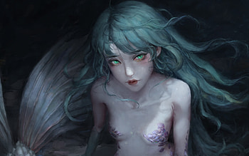 Mermaid, art, fantasy, green, meiling chen, face, siren, blue, summer, vara HD wallpaper
