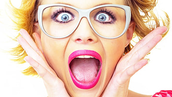 Funny face, white, mood, blonde, girl, hand, woman, pink, face, glasses, funny, happy, lips, surprise, mouth HD wallpaper
