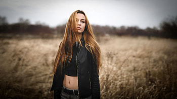 Black Leather Jacket Redhead Long Hairs On Face, leather, jacket, girls, model HD wallpaper
