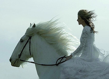 White wind, wind, white dress, ride, white horse, woman HD wallpaper