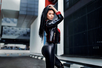 Anastasia Rumiantseva in Black Leather, black, leather, model, brunette HD wallpaper