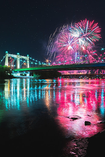 Holidays, Night, Lights, Reflection, Bridge, Fireworks, Firework HD phone wallpaper