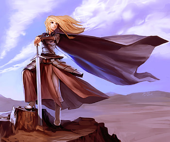 Warrior Girl, cute, long hair, scenery, scenic, blonde hair, cloud, female, sexy, scene, sword, hot, girl, armor, blade, rock, anime girl, anime, weapon, stone, sky HD wallpaper