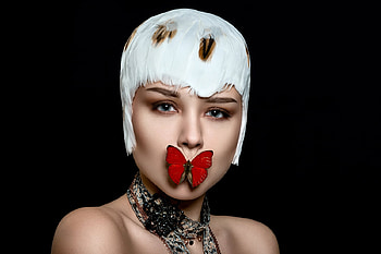 Beauty, white, black, model, girl, marc lamey, woman, butterfly, red, face HD wallpaper