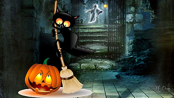 Cleaning the Castle, spirit, ghost, pumpkin, broom, Halloween, jack o lantern, castle, black cat, fall, autumn HD wallpaper
