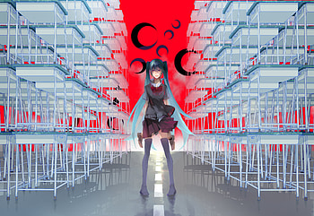 Hatsune Miku, blue, desks, awesome, vocaloid, nice, miku, vocaloids, hatsune, thighhighs, skirt, blue eyes, twintail, blue hair, anime, red, cool HD wallpaper