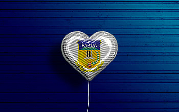 I Love Papua, , realistic balloons, blue wooden background, Day of Papua, indonesian provinces, flag of Papua, Indonesia, balloon with flag, Provinces of Indonesia, Papua flag, Papua HD wallpaper