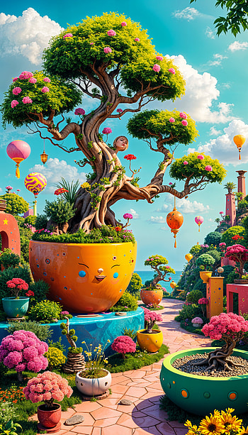 Serene Bonsai Garden: A Vibrant , fantasy landscape HD phone wallpaper