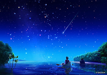 Sea of Stars, sea, boat, shooting star, kagaya, stars, lake HD wallpaper