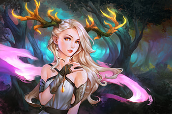 Enchantress, blue, frumusete, horns, blonde, girl, pink, fantasy, jana schirmer, yellow, luminos, forest HD wallpaper