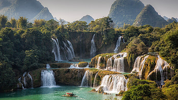 china dehan falls, river, hills, lale, trees, jungle, quay son river HD wallpaper