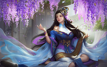 Fantasy girl, darkgoldart, fantasy, darkgold art, girl, blue, frumusete, gorgeous, superb, purple, wisteria, luminos HD wallpaper