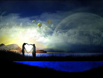 nature love, blue, man, woman, balloons, wet, 3d, moon, fantasy, cg, love, hearts, clouds, nature, sky, heart, water HD wallpaper
