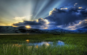 Nature, Sky, Mountains, Sun, Clouds, Swamp, Beams, Rays, Reeds HD wallpaper