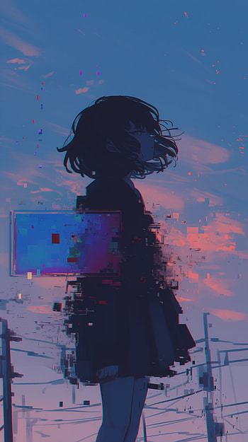 Glitch Silhouette: Anime Girl , Anime, anime girl, glitch, glitch art, silhouette HD phone wallpaper