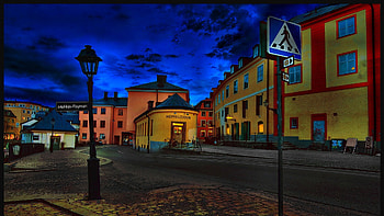 street in the town of uppsala sweden r, signs, town, street, clouds, r, evening HD wallpaper