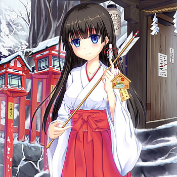 Shrine Maiden, winter, yukata, g, nice, cg, snow, adorable, female, sweet, white, house, girl, kawaii, anime girl, anime, pretty, brown hair, lovely, home, kimono, cute, oriental, long hair, beauty, shrine, , japanese, scene, japan, beautiful, black hair, red, building HD wallpaper