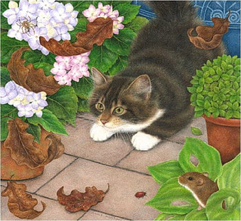 By Anne Mortimer, animal, kitten, anne mortimer, painting, art, flower, garden, cat HD wallpaper