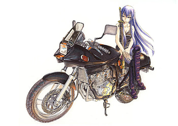 saeko, bluosse, blue eyes, purple hair, weapon, sky, motociclete, long hair HD wallpaper