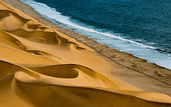 coast, ocean, desert, sand dunes, sand, evening, sunset, desert landscape HD wallpaper