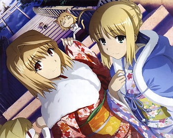 Carnival Phantasm, japanese clothes, neko-arc, kimono, cute, kawai, shingetsutan tsukihime, fate stay night, cat, saber, anime, animal ears, pretty, arcueid brunestud, girls, gilgamesh HD wallpaper