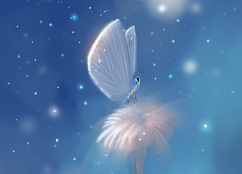 Butterfly, blue, white, art, alromeadheen, fantasy, flower, ahmx, luminos HD wallpaper