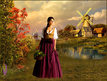 Peasant girl, river, peasant, rustic, lady, season, reflection, autumn, water, mill, fall, girl, beautiful, tree, woman, summer, clouds, sky, village HD wallpaper
