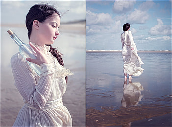 Message in a bottle from you, dreamer girl, thoughts, sand, sunny day, beach, letter, message, waiting from you, water, ocean, sunshine, beautiful girl, sea, dreams, miss you, bottle, wind, white dress, love, face, clouds, sky HD wallpaper