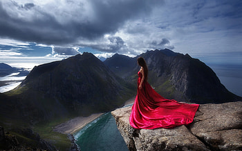 On the edge, in a red, girl, mountains, dress, a cliff HD wallpaper