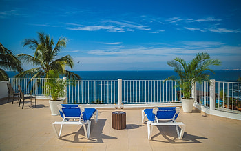 Terrace by Ocean, palms, chaises, terrace, ocean HD wallpaper