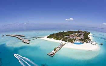 Nature, Sky, Palms, Ocean, Land, Boat, Tropics, Island, Paradise, Resort, Pool, Azure, Cutter, From Above, Above, Huts, Awnings, Sheds HD wallpaper