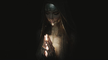Praying, junyin, golden, black, fantasy, girl, dark HD wallpaper
