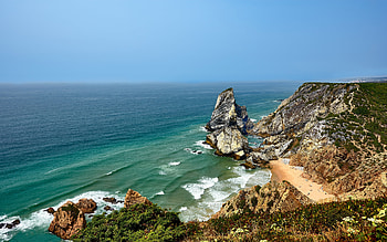 coast, rocks, waves, ocean, beach between rocks, beautiful beach, summer HD wallpaper