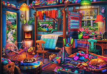 Weaver's Workshop, yarn, room, chair, oven, garden, loom, cat HD wallpaper