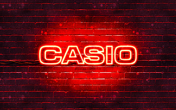 Casio red logo, , red brickwall, Casio logo, brands, Casio neon logo, Casio HD wallpaper