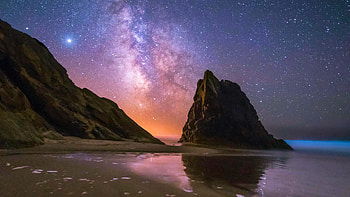 Bioluminescence at the Oregon Coast, sea, milky way, sky, rocks, usa HD wallpaper