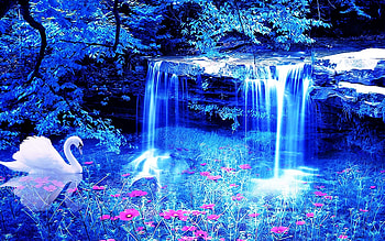 Swan waterfall flowers 3d | | 98142 | UP HD wallpaper