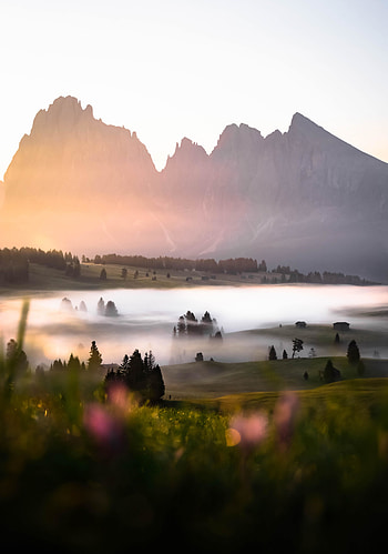 Mountains, mist, landscape, sunrise HD phone wallpaper