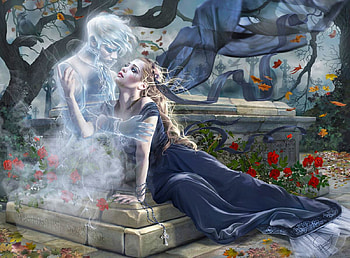 Love beyond the grave, art, man, girl, beautiful, woman, halloween, digital, tombe, ghost, fantasy, pretty, love, couple HD wallpaper