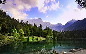 mountain lake, Alps, morning, sunrise, mountain landscape, Switzerland, lake, forest HD wallpaper