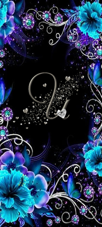 Letter U, flowers, sliver, blue, black, hearts, purple, cute HD phone wallpaper