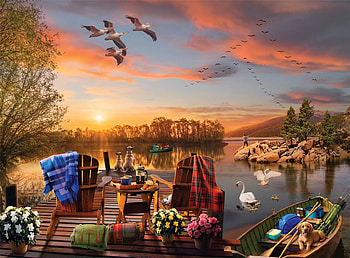 Breakfast at The Lake, chairs, breakfast, birds, fishing, dogs, sky, flowers, lake HD wallpaper